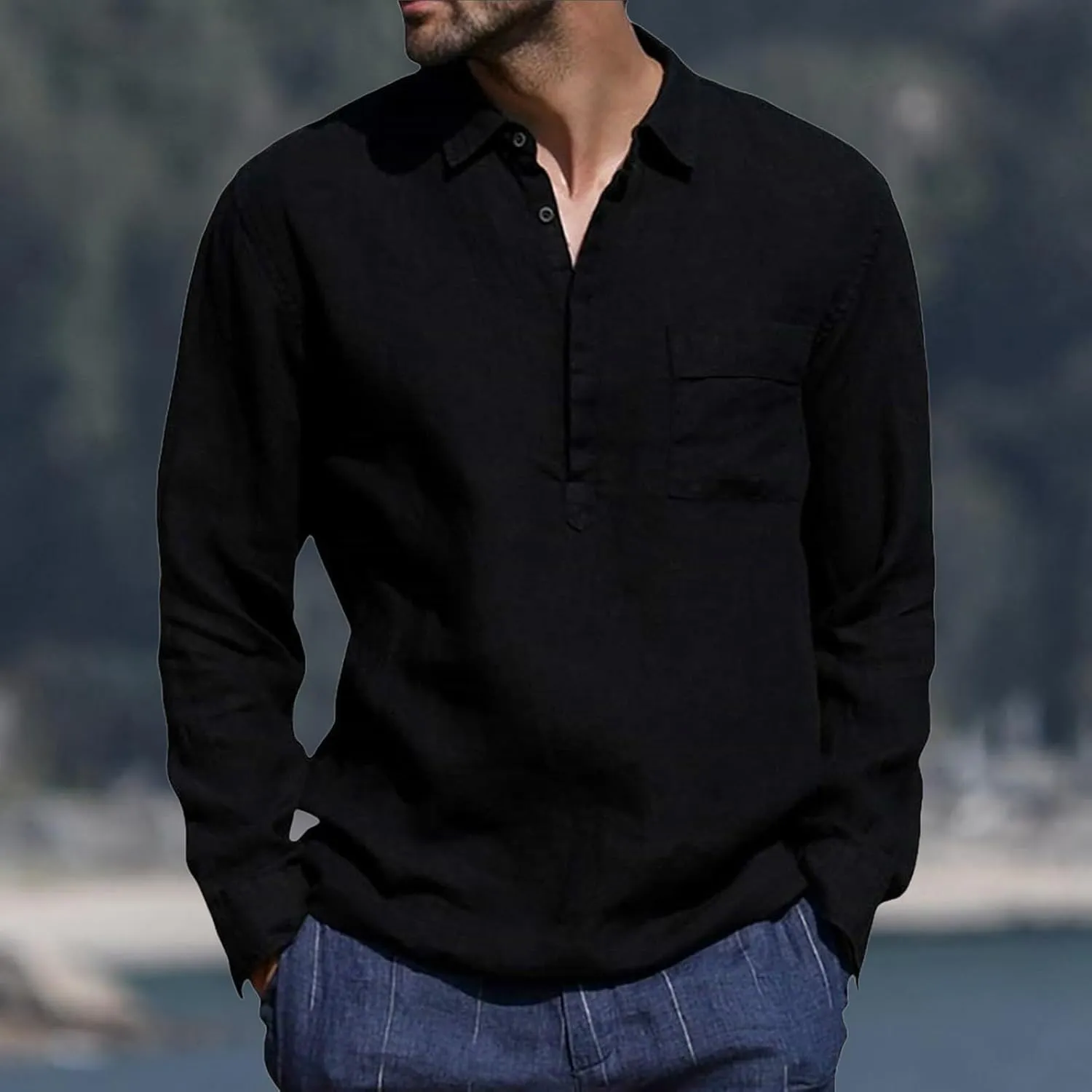 Cotton Linen T-Shirts for Men 3/4 Sleeve Casual V Neck Button Henley Shirts Lightwegiht Loose Solid Beach Tee Shirt