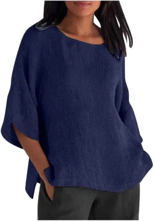 Cotton Linen Tops for Women Loose Fit Boho Solid Tunic Tops 2024 Summer Casual Elbow Sleeve Side Slit Blouse, Beige