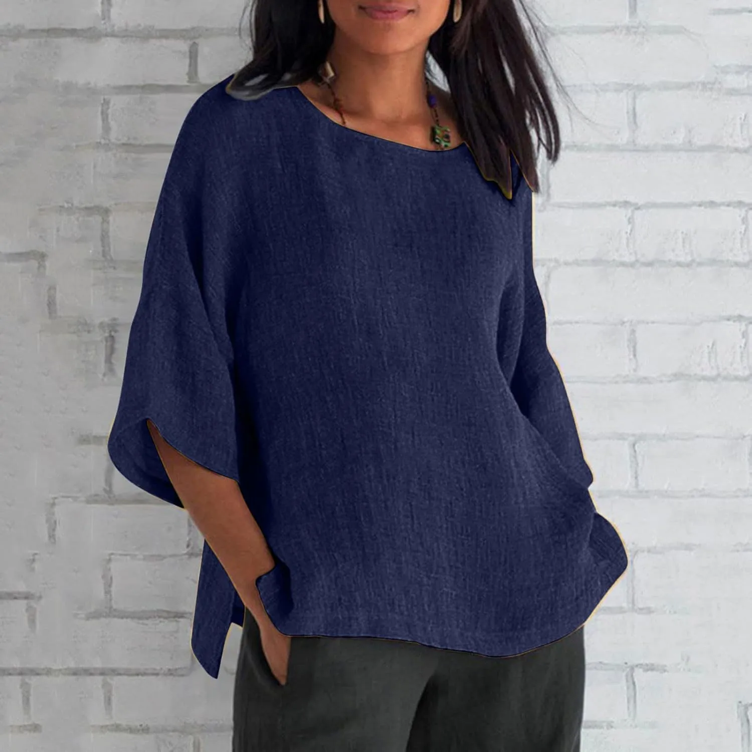 Cotton Linen Tops for Women Loose Fit Boho Solid Tunic Tops 2024 Summer Casual Elbow Sleeve Side Slit Blouse, Beige