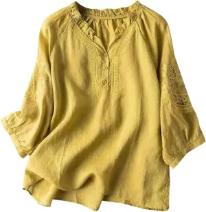 Cotton Linen Tops for Women Summer V Neck Tshirts 3/4 Sleeves Boho Embroidery Dressy Blouse 2025 Causal Loose Tunics