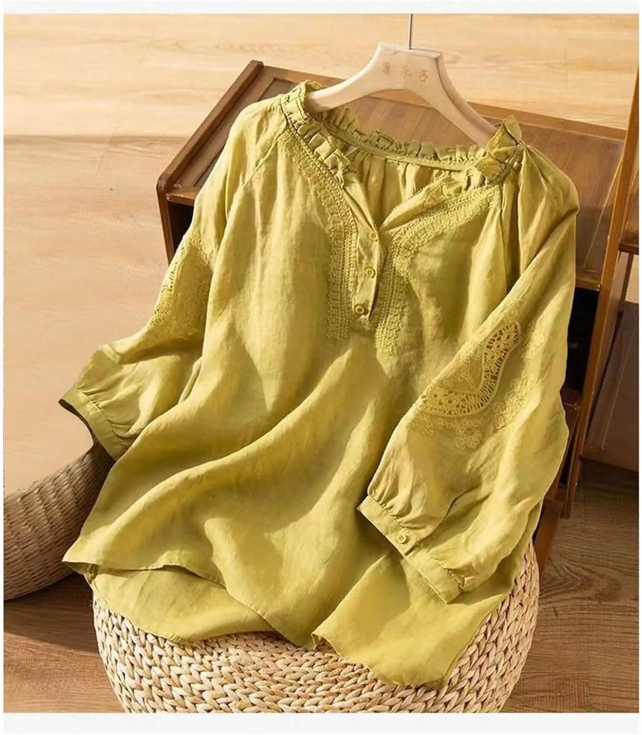 Cotton Linen Tops for Women Summer V Neck Tshirts 3/4 Sleeves Boho Embroidery Dressy Blouse 2025 Causal Loose Tunics