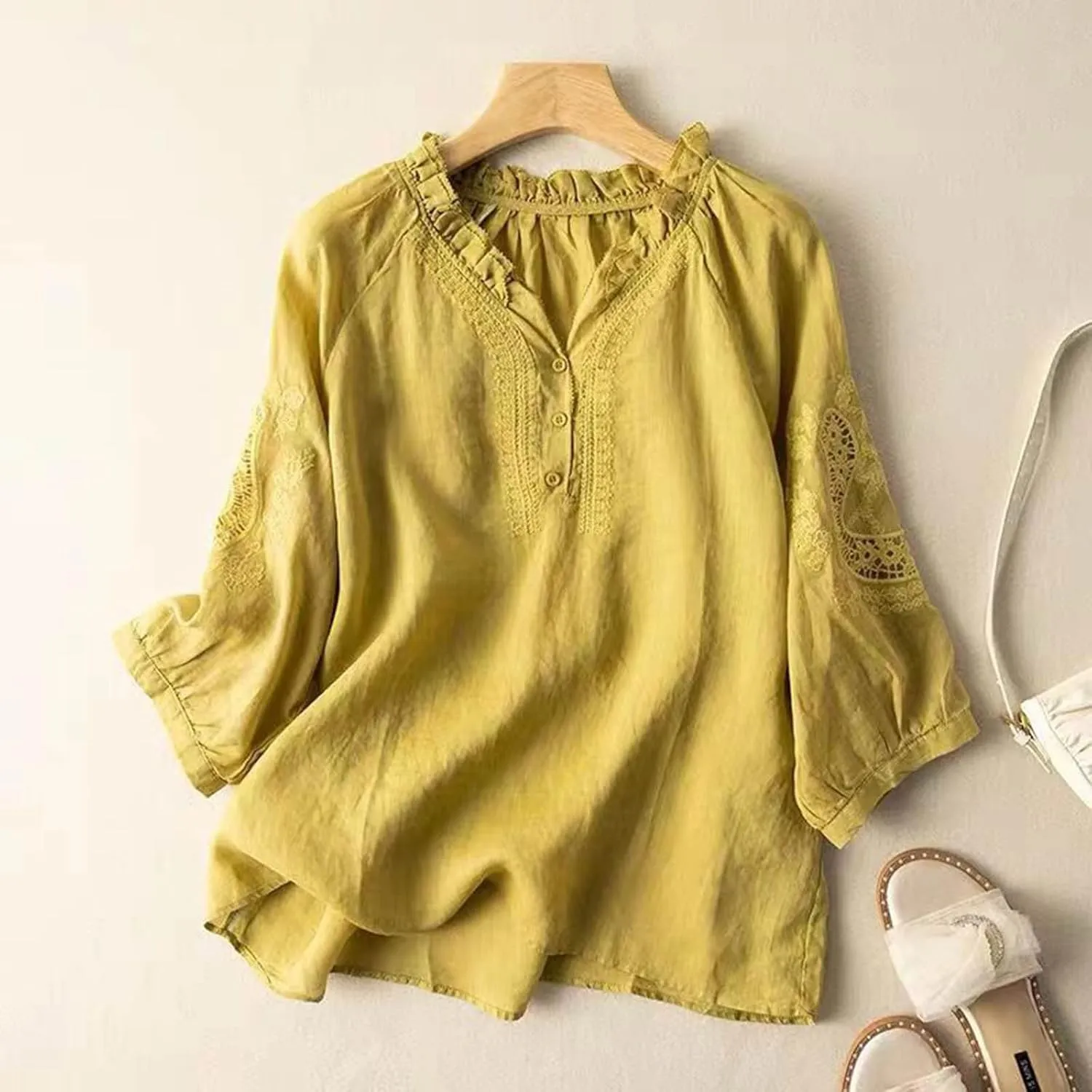 Cotton Linen Tops for Women Summer V Neck Tshirts 3/4 Sleeves Boho Embroidery Dressy Blouse 2025 Causal Loose Tunics