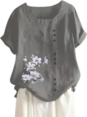 Cotton Linen Tops for Womens Crewneck Roll Up Short Sleeve Tshirt Trendy Floral Print Casual Loose Fitted Blouse