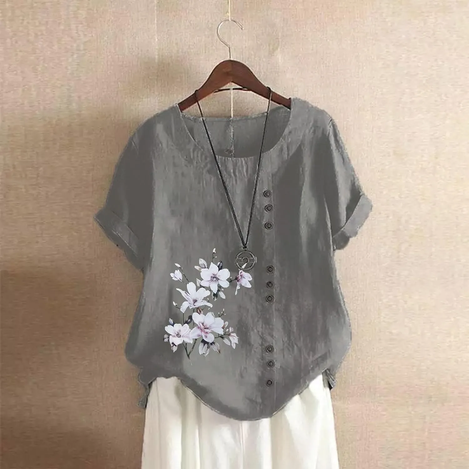 Cotton Linen Tops for Womens Crewneck Roll Up Short Sleeve Tshirt Trendy Floral Print Casual Loose Fitted Blouse