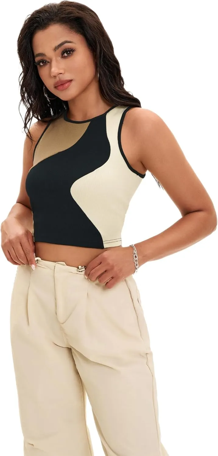 Cropped Tank Tops for Women Summer Color Block Ribbed Sleeveless Tops Basic Casual Going Out Tops