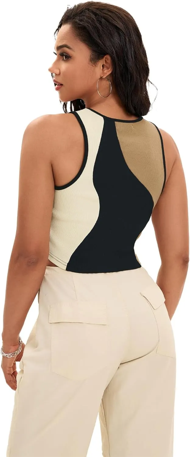 Cropped Tank Tops for Women Summer Color Block Ribbed Sleeveless Tops Basic Casual Going Out Tops