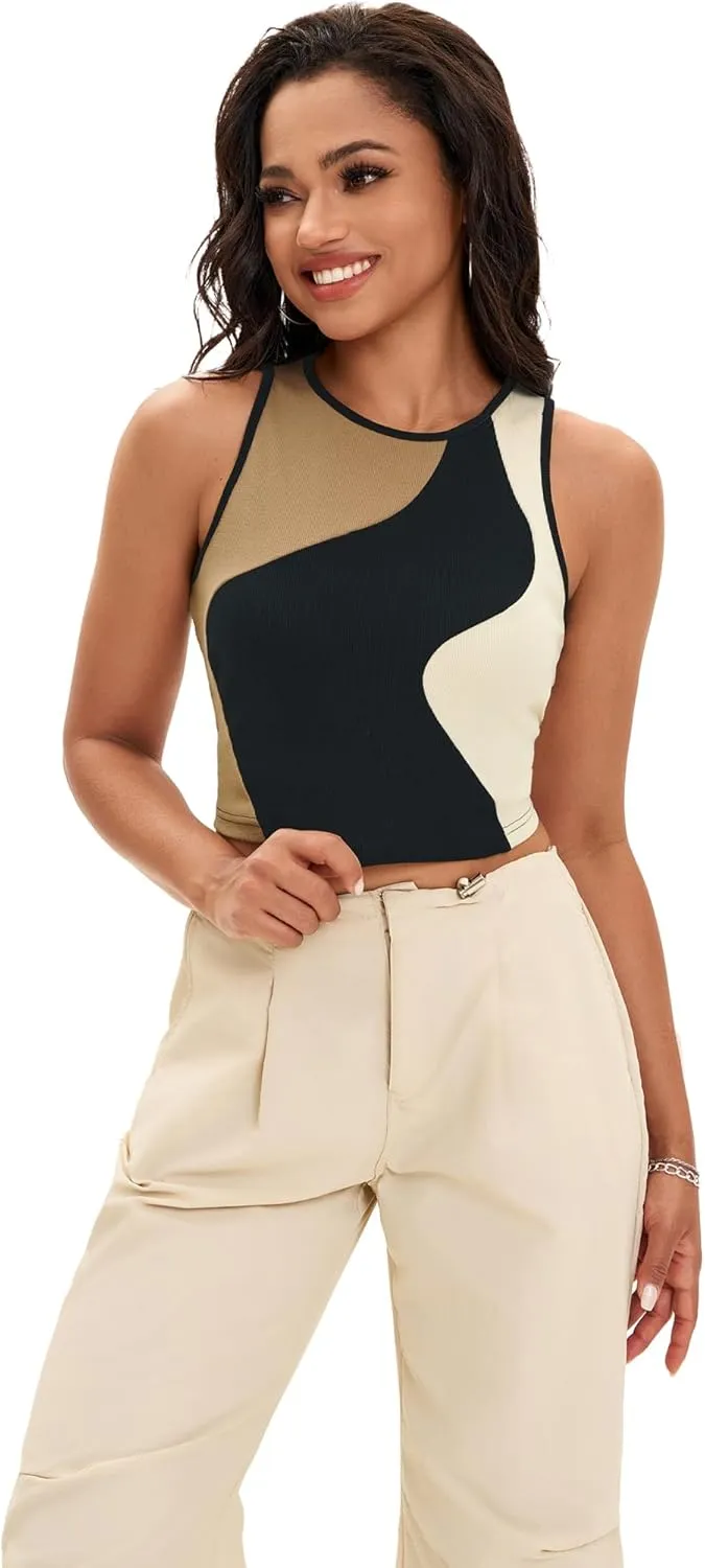 Cropped Tank Tops for Women Summer Color Block Ribbed Sleeveless Tops Basic Casual Going Out Tops