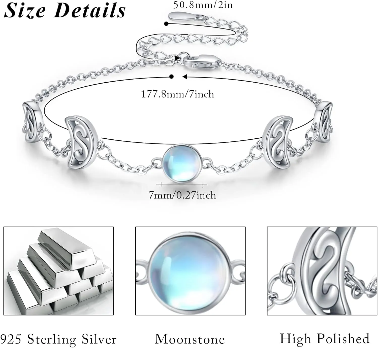 CUOKA MIRACLE Moon Bracelet for Women 925 Sterling Silver Moon Phase Bracelet Moonstone Adjustable Bracelet Hypoallergenic Jewelry Gift for Girl Friends Daughter Mom