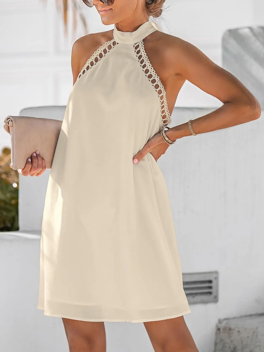 CUPSHE Women Lace Trim Summer Dress Halter High Neck with Tie Backless A Line Lining Casual Sundress Holiday Mini Dress