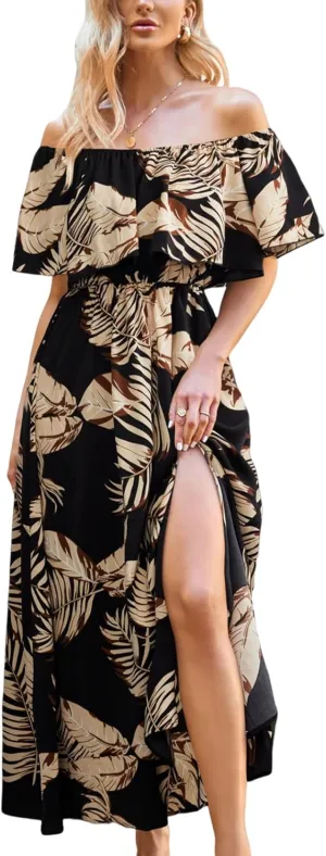 CUPSHE Women Ruffle Floral Maxi Summer Dress Off Shoulder Short Sleeve Backless Flounce Bodice Slit Hem Beach Dresses