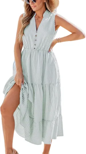 CUPSHE Women Ruffle Summer Dress 2025 Stripe V Neck Front Button Casual Sundress Holiday Vacation Midi Dress with Pocket