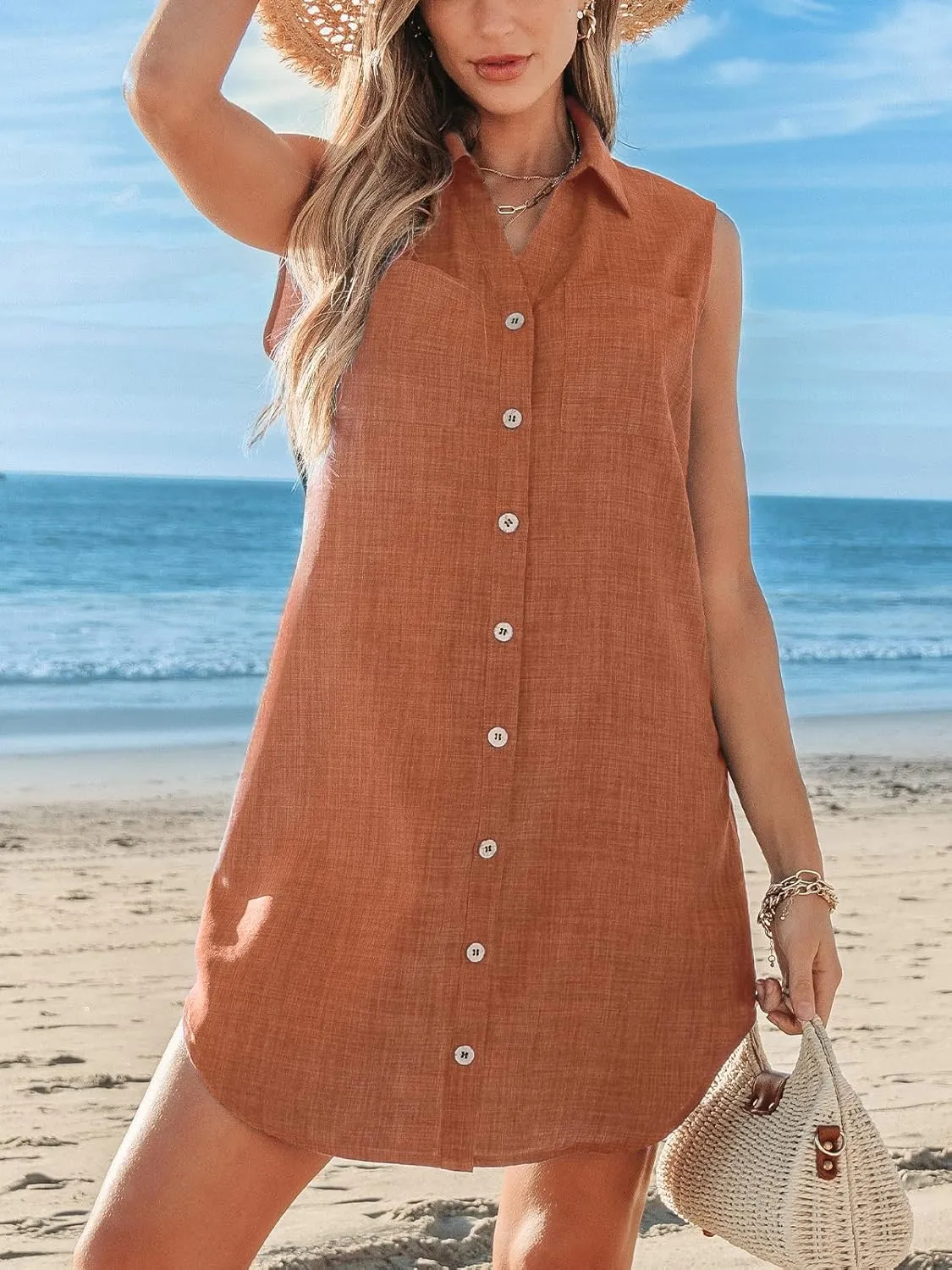 CUPSHE Women Summer Dresses 2025 Collared V Neck with Pocket Front Button Casual Sun Dress Holiday Beach Mini Dress