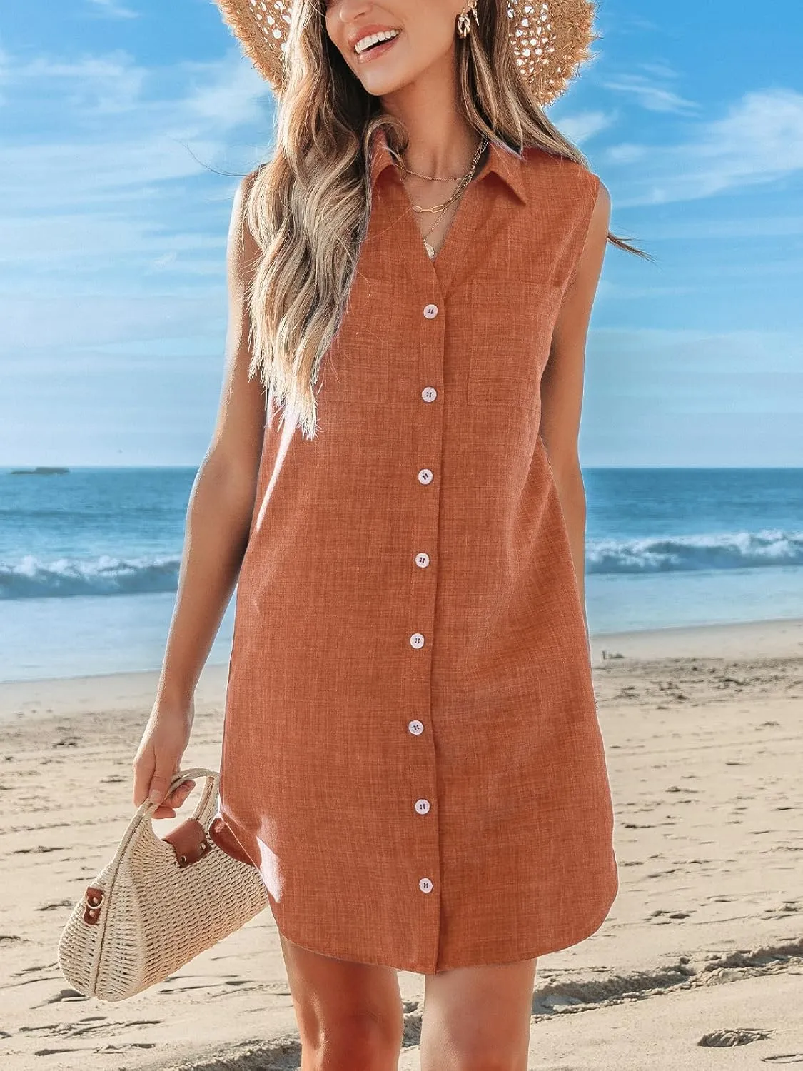 CUPSHE Women Summer Dresses 2025 Collared V Neck with Pocket Front Button Casual Sun Dress Holiday Beach Mini Dress