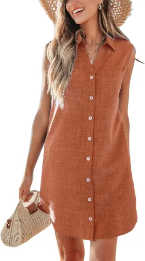 CUPSHE Women Summer Dresses 2025 Collared V Neck with Pocket Front Button Casual Sun Dress Holiday Beach Mini Dress