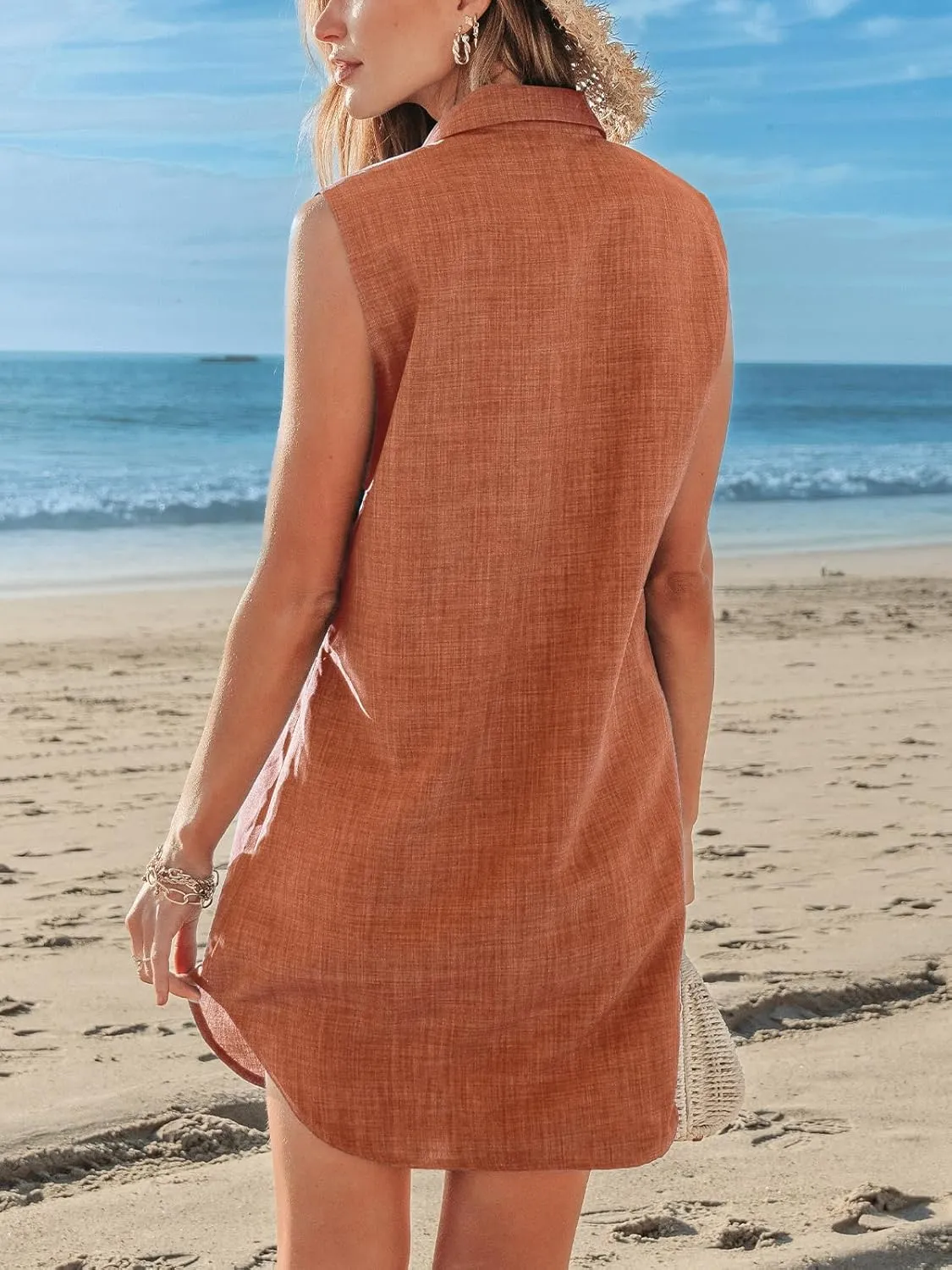 CUPSHE Women Summer Dresses 2025 Collared V Neck with Pocket Front Button Casual Sun Dress Holiday Beach Mini Dress