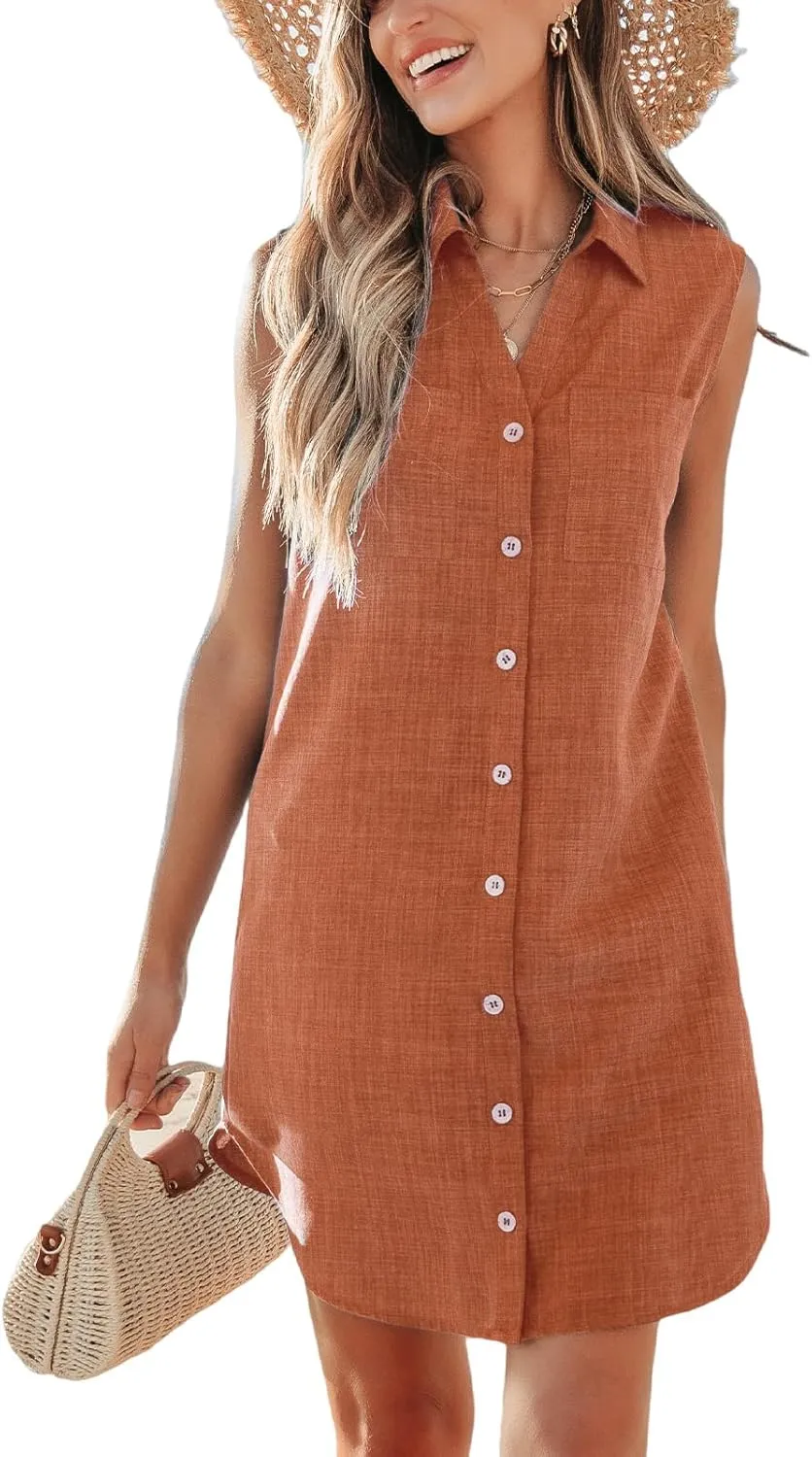 CUPSHE Women Summer Dresses 2025 Collared V Neck with Pocket Front Button Casual Sun Dress Holiday Beach Mini Dress
