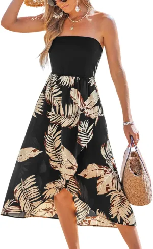 CUPSHE Women Tube Floral Midi Summer Dress Straight Neck Split Hem Tropical Casual Sundress Holiday Vacation Beach Dress