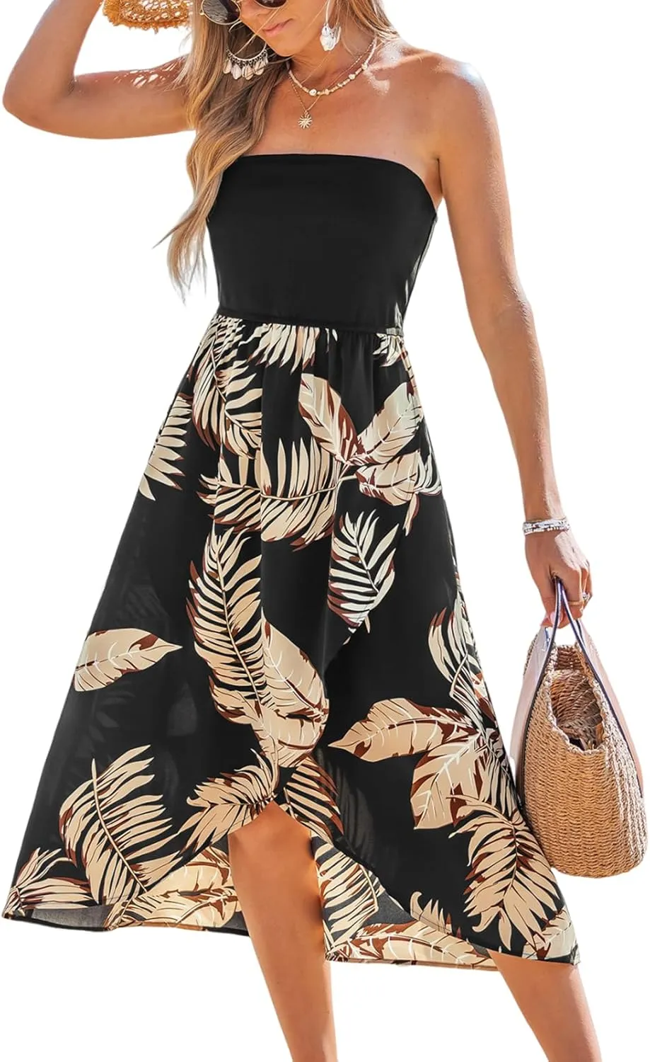 CUPSHE Women Tube Floral Midi Summer Dress Straight Neck Split Hem Tropical Casual Sundress Holiday Vacation Beach Dress