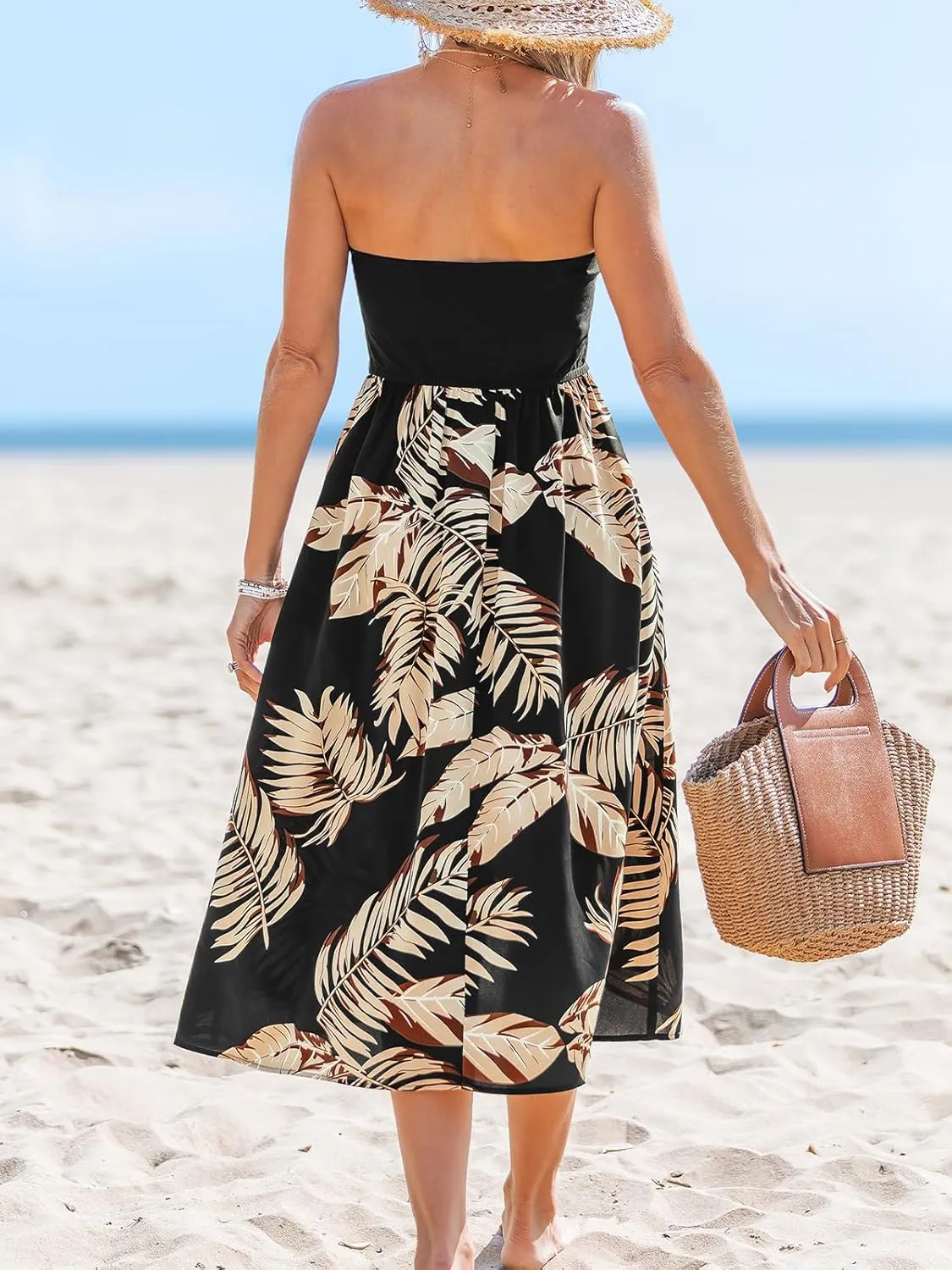 CUPSHE Women Tube Floral Midi Summer Dress Straight Neck Split Hem Tropical Casual Sundress Holiday Vacation Beach Dress