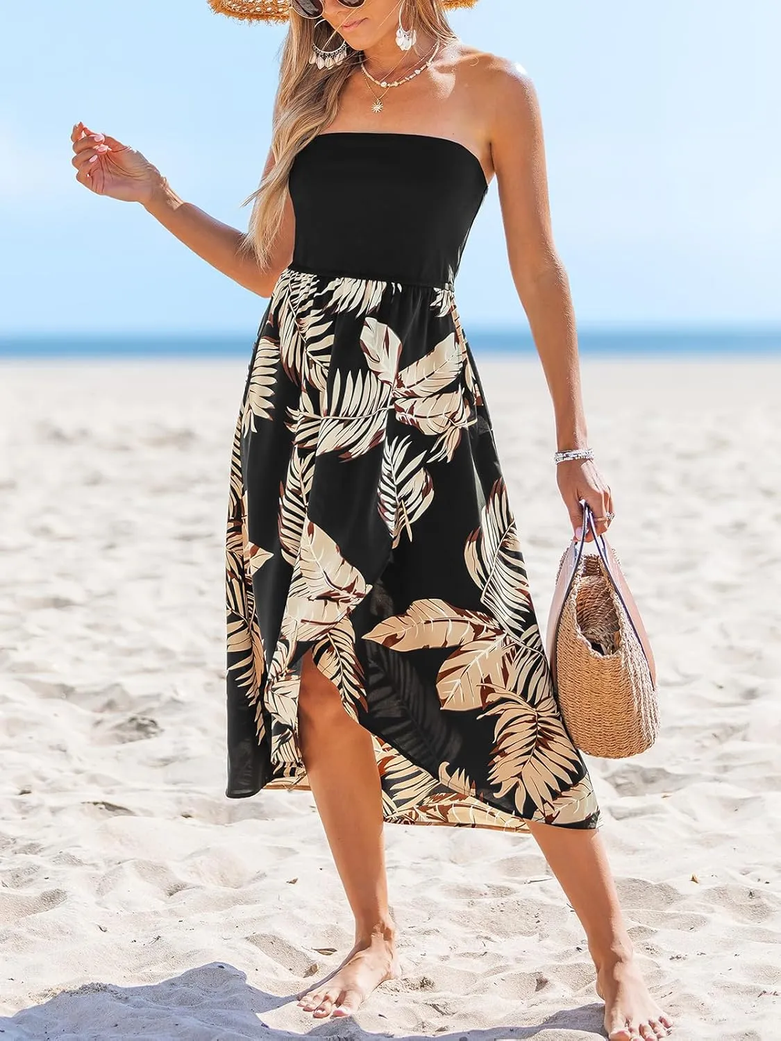 CUPSHE Women Tube Floral Midi Summer Dress Straight Neck Split Hem Tropical Casual Sundress Holiday Vacation Beach Dress