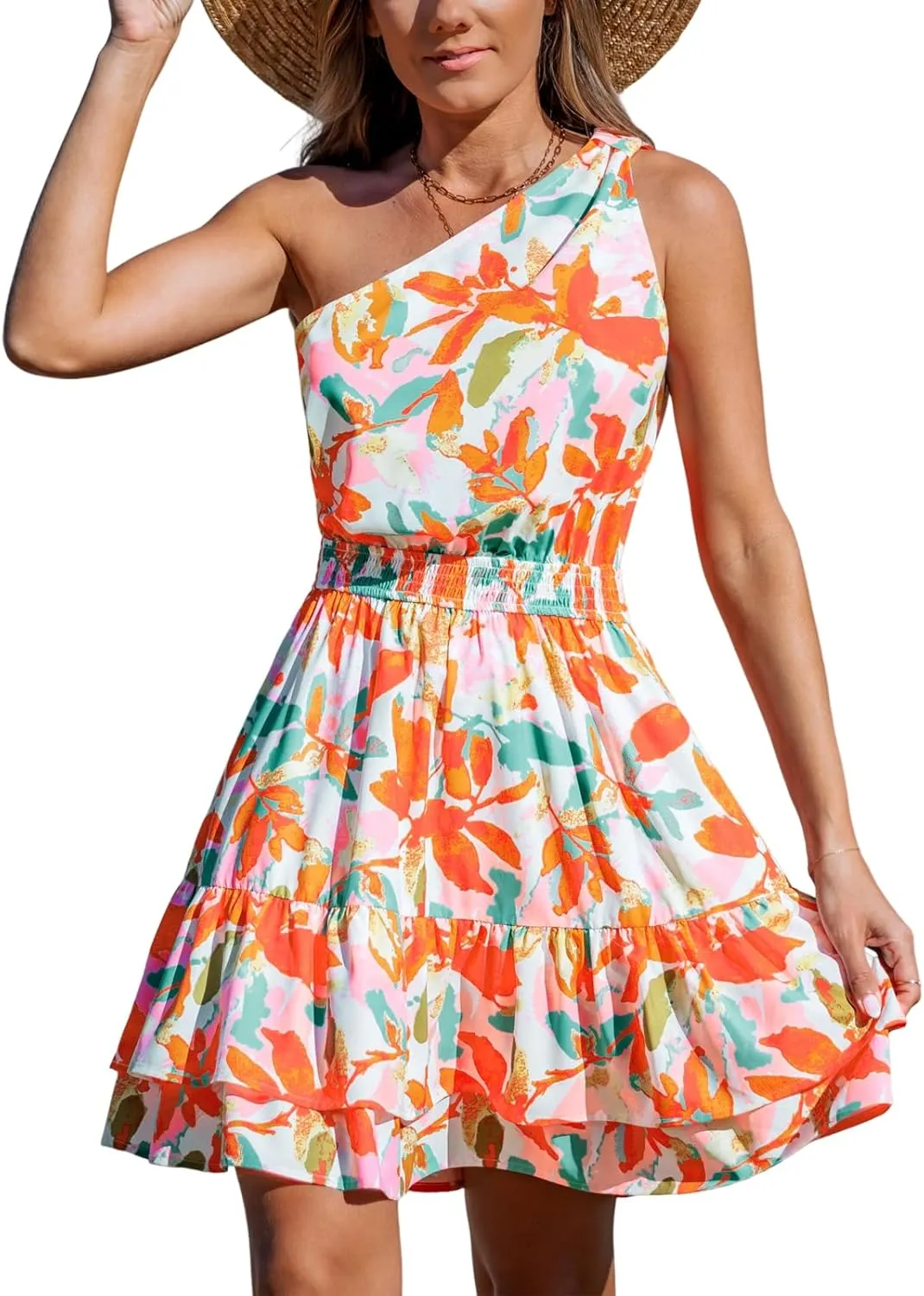 CUPSHE Women's Floral Summer Dress One Shoulder Ruffle Smocked Waist Casual Sundress Holiday Vacation Beach Mini Dress