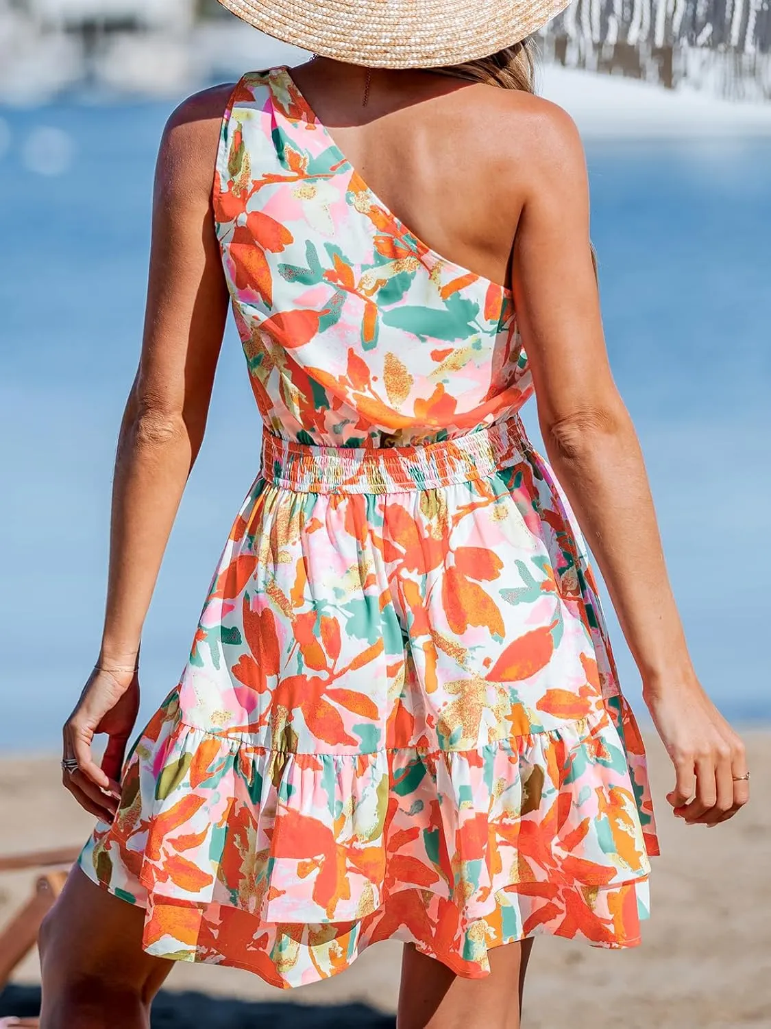 CUPSHE Women's Floral Summer Dress One Shoulder Ruffle Smocked Waist Casual Sundress Holiday Vacation Beach Mini Dress