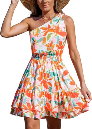 CUPSHE Women's Floral Summer Dress One Shoulder Ruffle Smocked Waist Casual Sundress Holiday Vacation Beach Mini Dress
