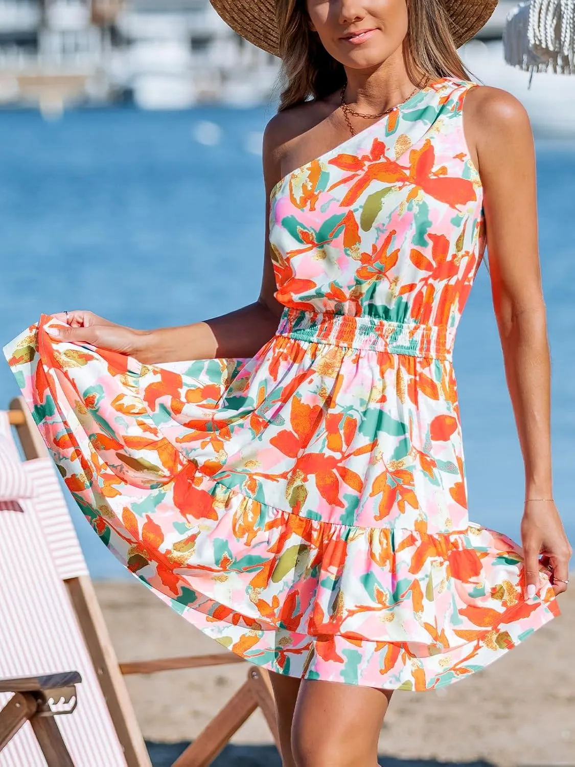 CUPSHE Women's Floral Summer Dress One Shoulder Ruffle Smocked Waist Casual Sundress Holiday Vacation Beach Mini Dress