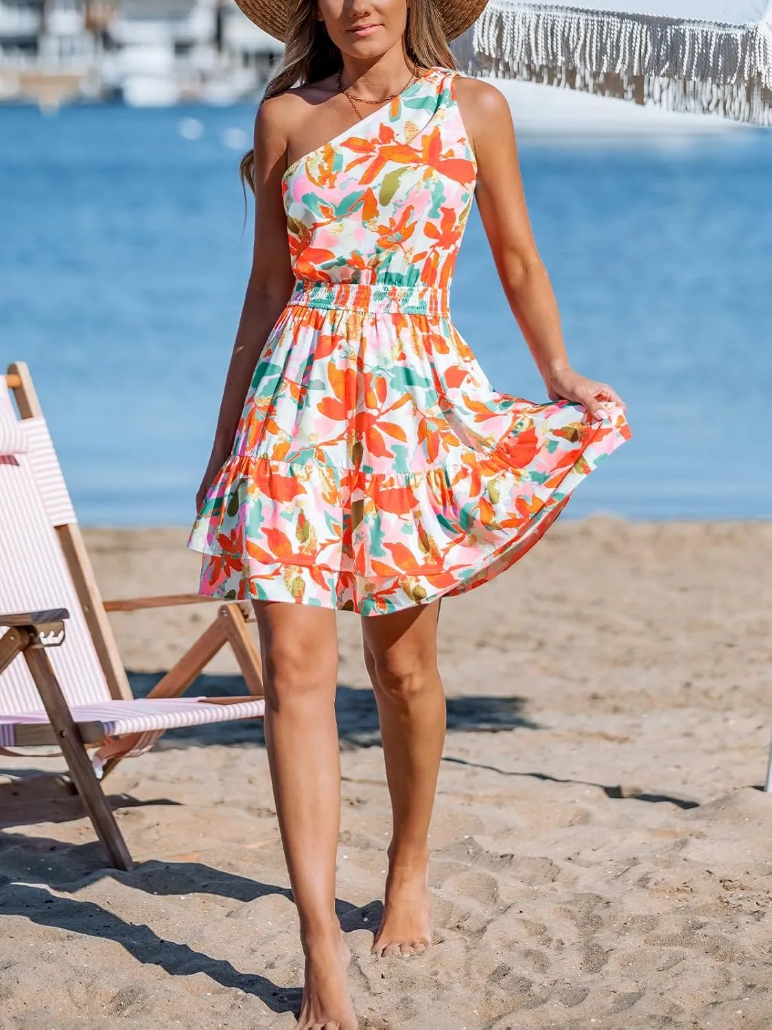 CUPSHE Women's Floral Summer Dress One Shoulder Ruffle Smocked Waist Casual Sundress Holiday Vacation Beach Mini Dress