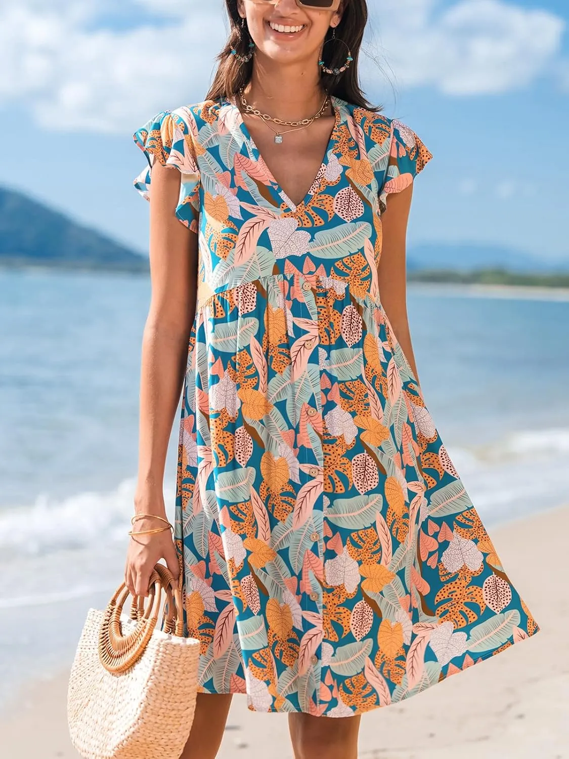 CUPSHE Women's Ruffle Floral Summer Dress 2025 V Neck Flutter Sleeve Smocked Casual Sundress Holiday Beach Mini Dress