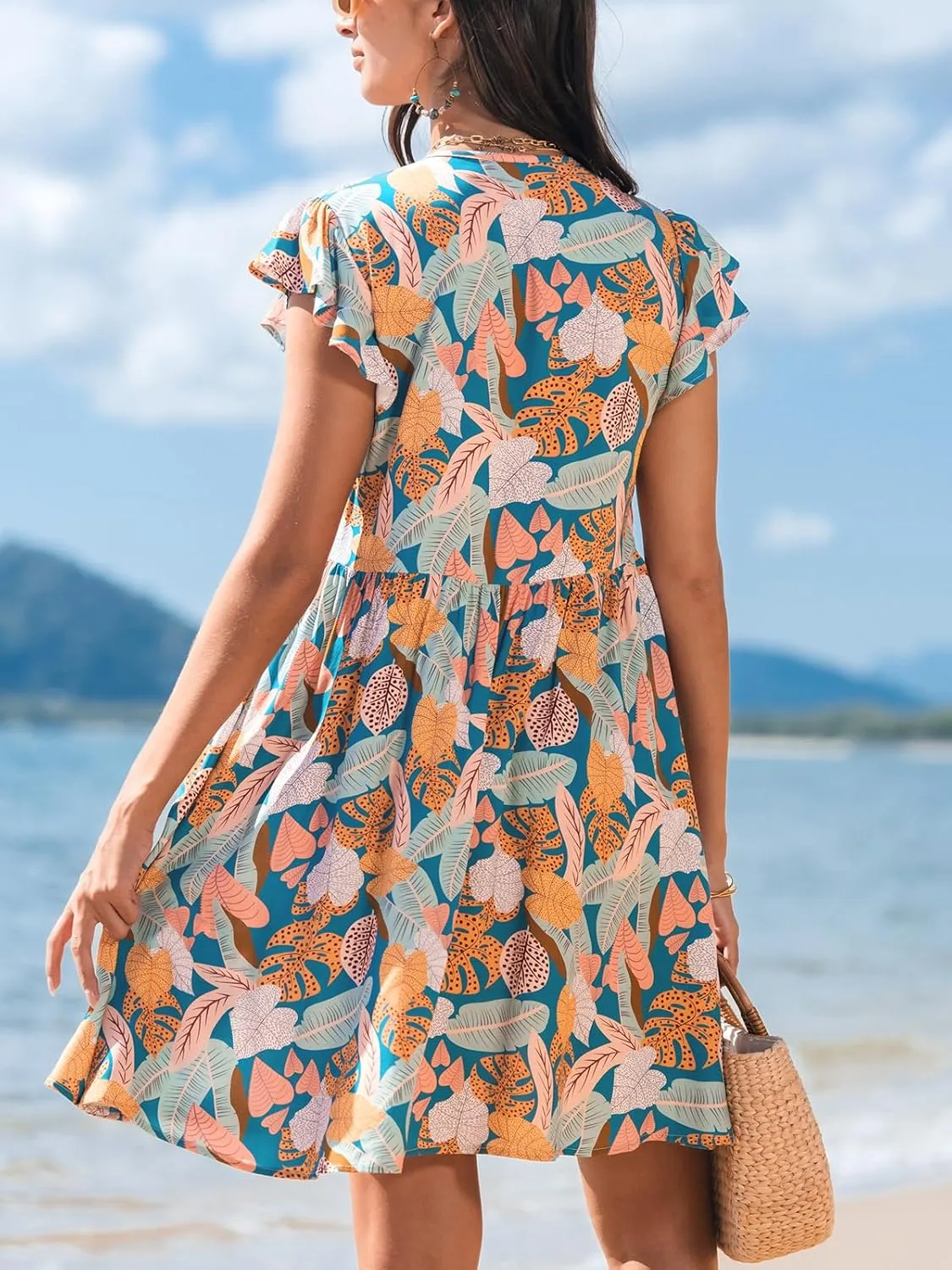 CUPSHE Women's Ruffle Floral Summer Dress 2025 V Neck Flutter Sleeve Smocked Casual Sundress Holiday Beach Mini Dress