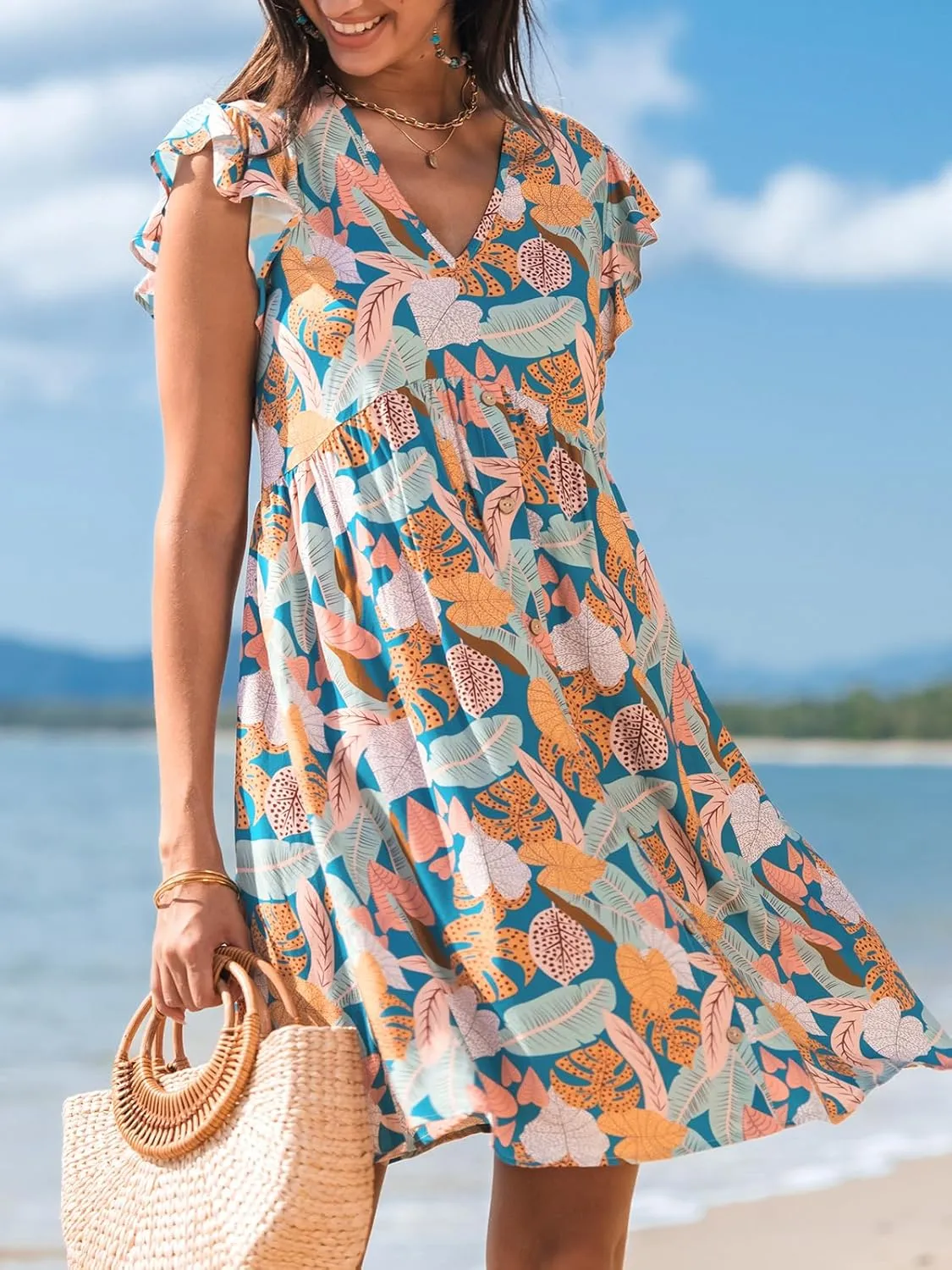 CUPSHE Women's Ruffle Floral Summer Dress 2025 V Neck Flutter Sleeve Smocked Casual Sundress Holiday Beach Mini Dress