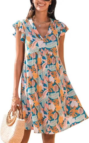 CUPSHE Women's Ruffle Floral Summer Dress 2025 V Neck Flutter Sleeve Smocked Casual Sundress Holiday Beach Mini Dress