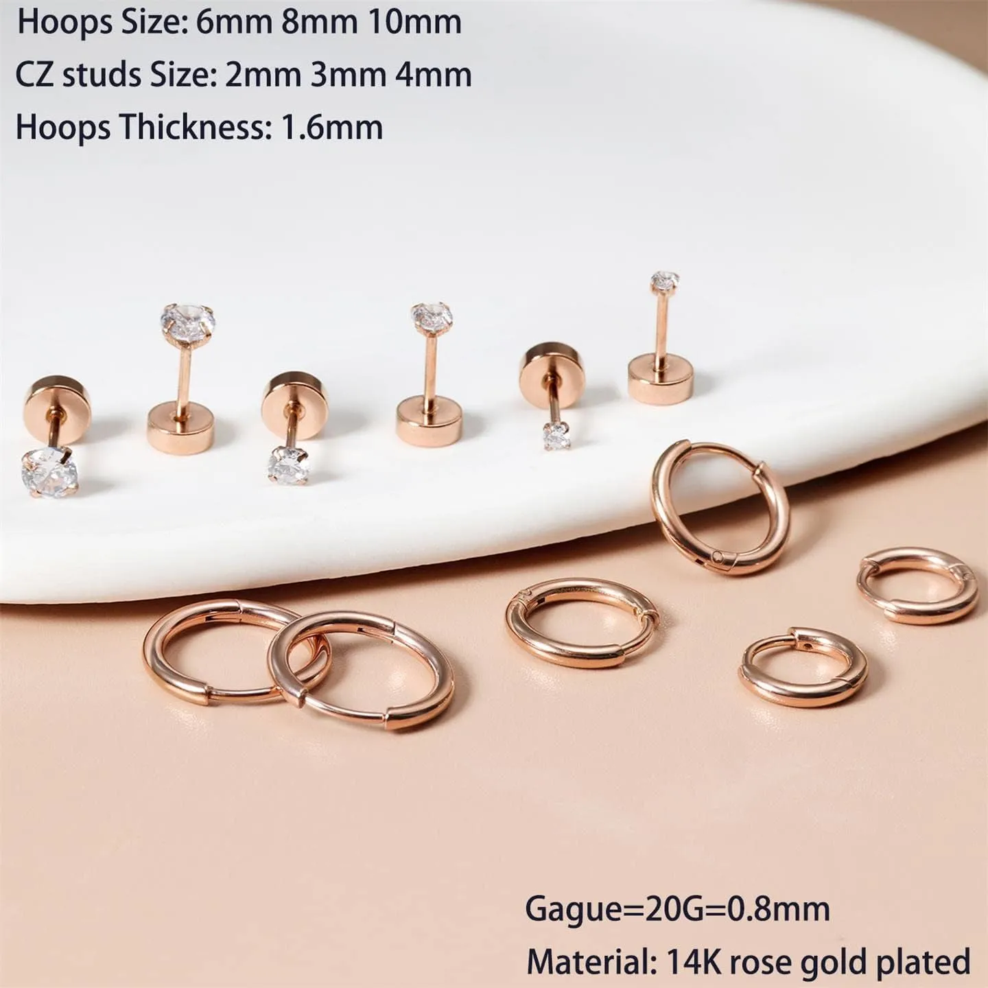 Dainty 6 Pairs Surgical Steel Earrings Sets for Multiple Piercing, Lightweight 14K Gold Plated Small Huggie Hoop Earrings, Flat Back Tiny Ball CZ Stud Earrings for Cartilage, Helix, Lobe, Hypoallergenic