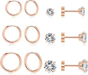 Dainty 6 Pairs Surgical Steel Earrings Sets for Multiple Piercing, Lightweight 14K Gold Plated Small Huggie Hoop Earrings, Flat Back Tiny Ball CZ Stud Earrings for Cartilage, Helix, Lobe, Hypoallergenic
