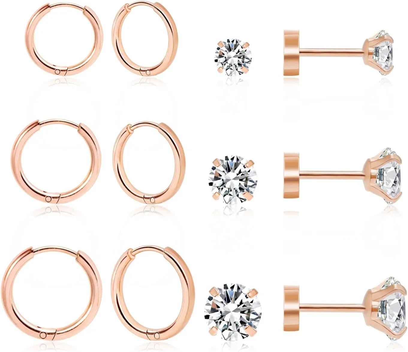 Dainty 6 Pairs Surgical Steel Earrings Sets for Multiple Piercing, Lightweight 14K Gold Plated Small Huggie Hoop Earrings, Flat Back Tiny Ball CZ Stud Earrings for Cartilage, Helix, Lobe, Hypoallergenic