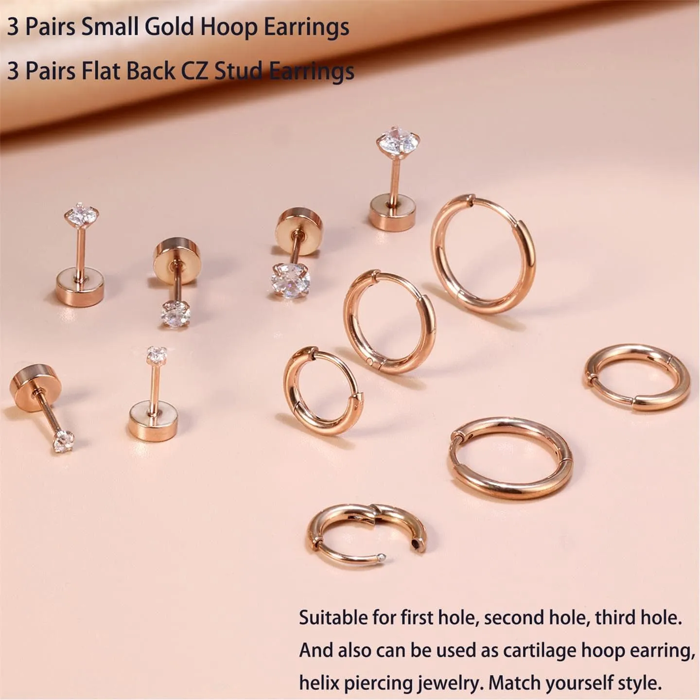 Dainty 6 Pairs Surgical Steel Earrings Sets for Multiple Piercing, Lightweight 14K Gold Plated Small Huggie Hoop Earrings, Flat Back Tiny Ball CZ Stud Earrings for Cartilage, Helix, Lobe, Hypoallergenic