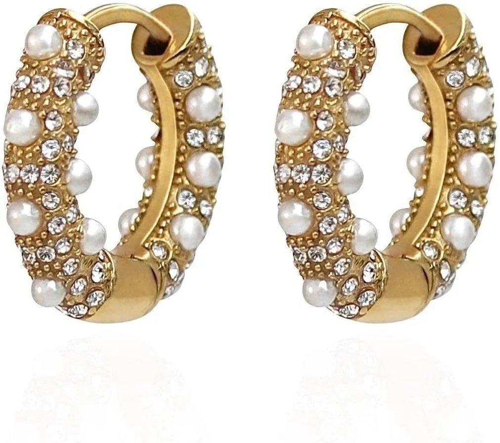 Diamond and Pearls Hoop Earrings for Women  Water & Tarnish Resistant Stainless Steel Hoops with Synthetic Pearls & Zirconia  Hypoallergenic Gold Hoops Jewelry Gift