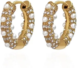 Diamond and Pearls Hoop Earrings for Women  Water & Tarnish Resistant Stainless Steel Hoops with Synthetic Pearls & Zirconia  Hypoallergenic Gold Hoops Jewelry Gift