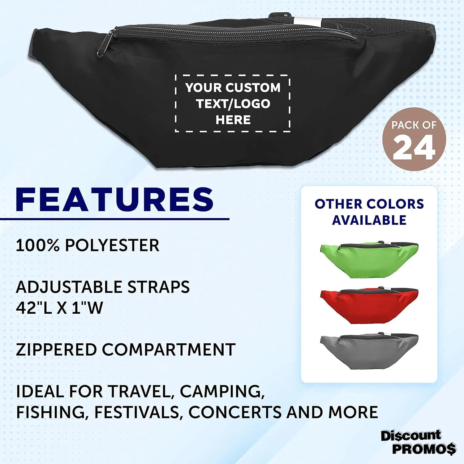 DISCOUNT PROMOS Custom Basic Polyester Fanny Packs Set of 100, Personalized Bulk Pack - Perfect for Outdoor Events And For Everyday Use - Black