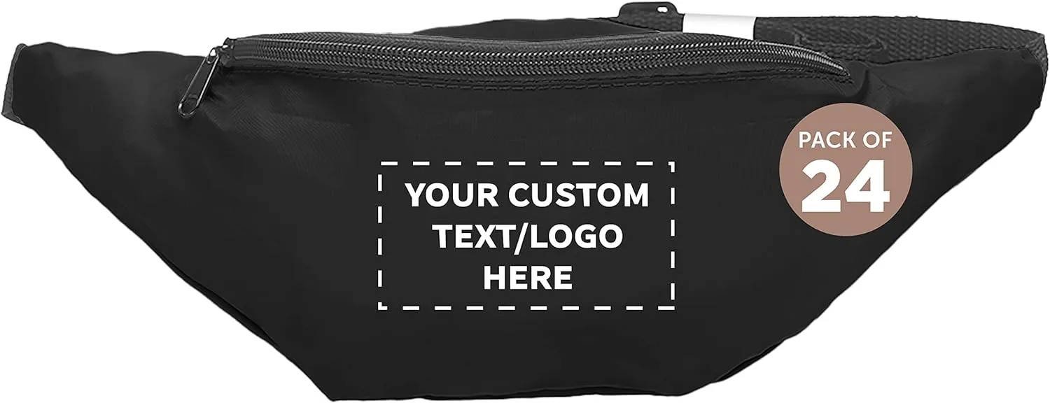 DISCOUNT PROMOS Custom Basic Polyester Fanny Packs Set of 100, Personalized Bulk Pack - Perfect for Outdoor Events And For Everyday Use - Black