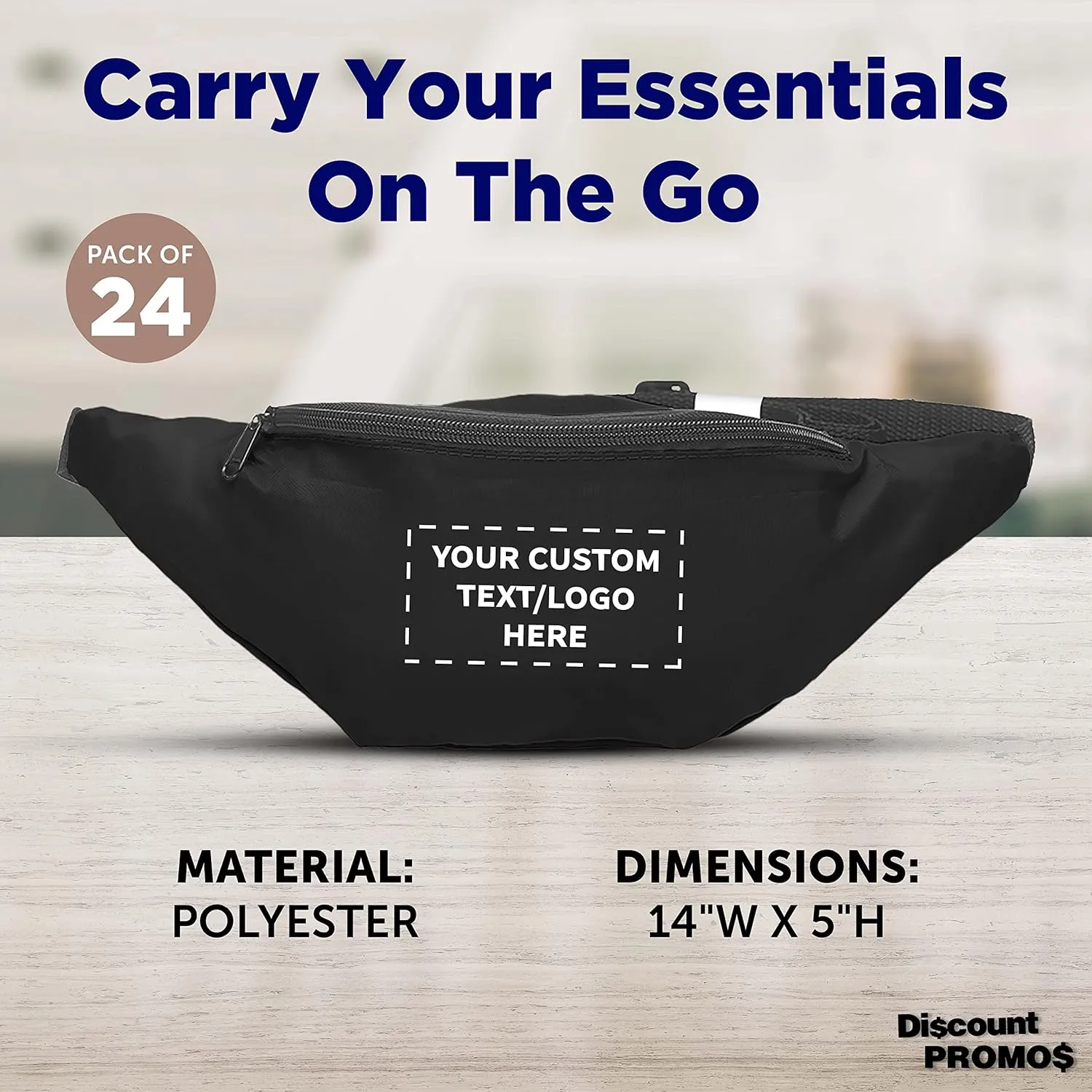 DISCOUNT PROMOS Custom Basic Polyester Fanny Packs Set of 100, Personalized Bulk Pack - Perfect for Outdoor Events And For Everyday Use - Black