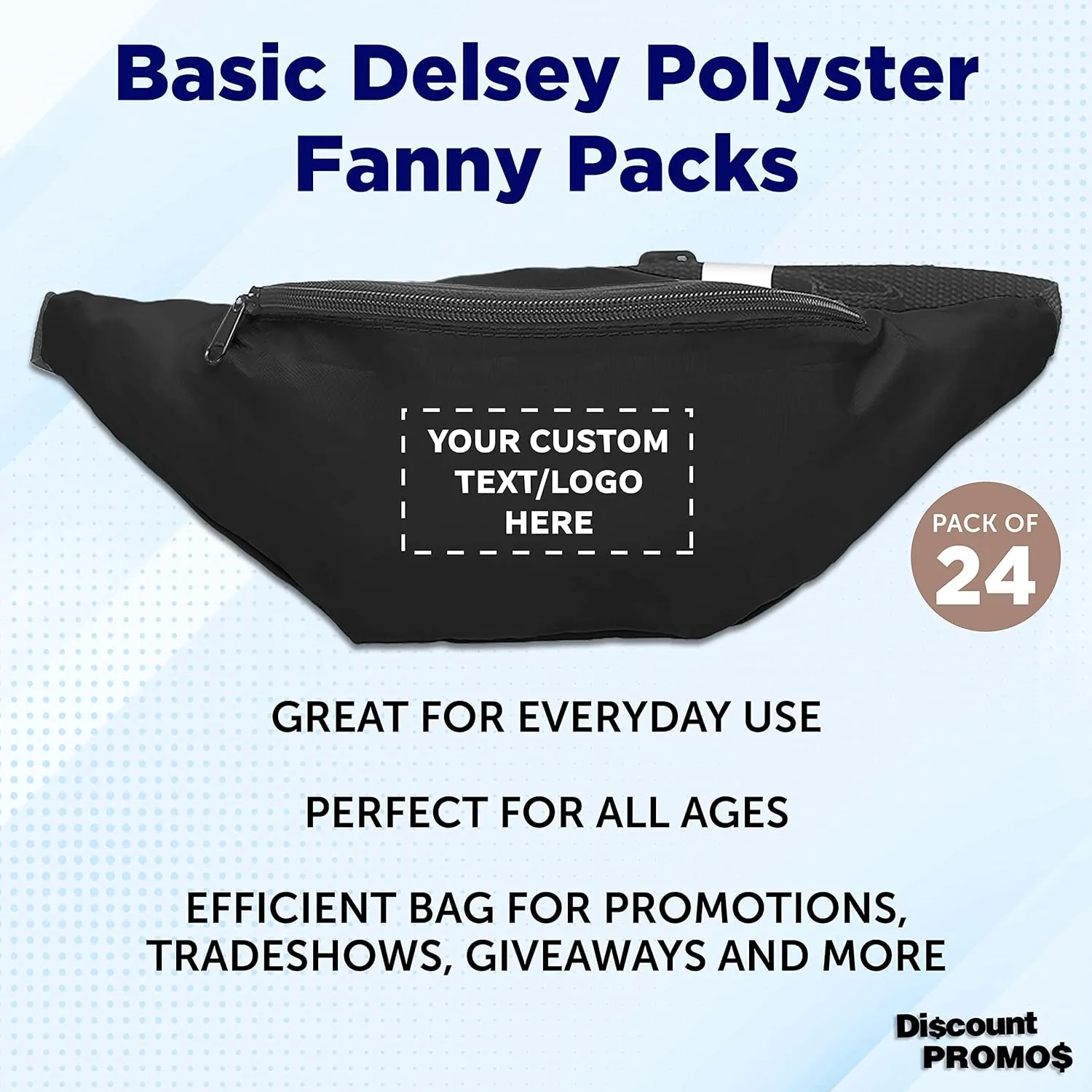 DISCOUNT PROMOS Custom Basic Polyester Fanny Packs Set of 100, Personalized Bulk Pack - Perfect for Outdoor Events And For Everyday Use - Black