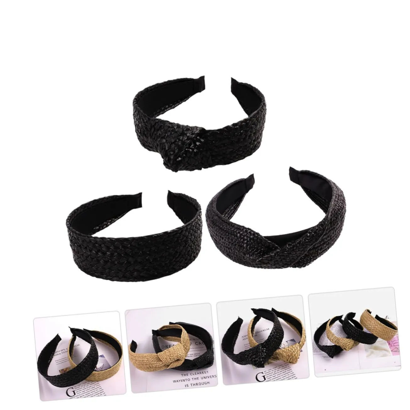 DOITOOL 3pcs Handmade Straw Headband Crochet Hair Bands for Women Knotted Headband Accessory for Party Photo Hair Hoops