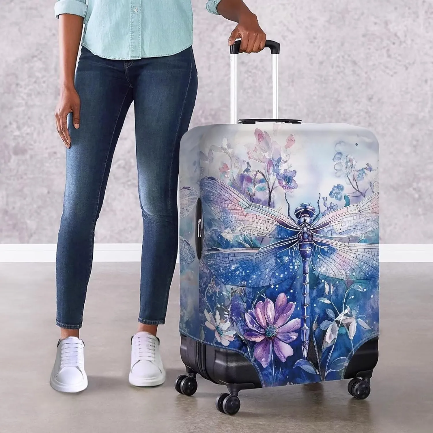 Dragonfly Luggage Cover Protector Travel Suitcase Cover Zipper Suitcase Protefctor Flowers Luggage Wraps for Suitcase Luggage Sleeve 18-32 Inch Suitcase Travel Essential