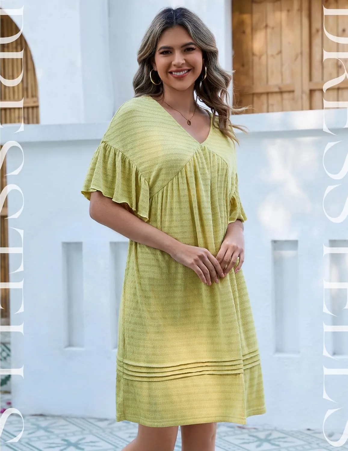 DRESSTELLS Womens Casual Dresses 2025 Spring Flowy Aline V Neck Ruffle T Shirt Summer Dress