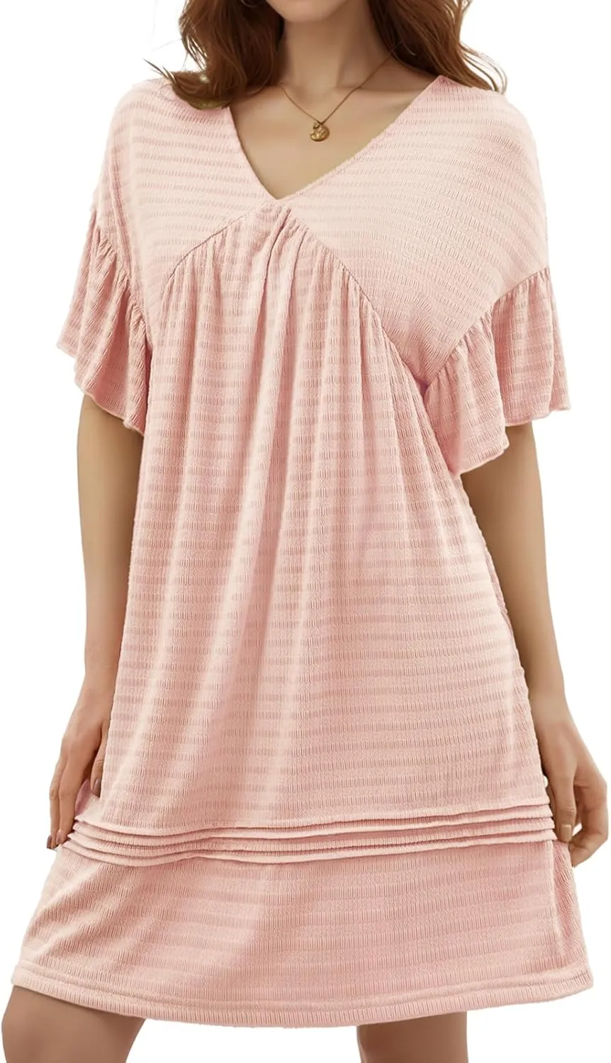 DRESSTELLS Womens Casual Dresses 2025 Spring Flowy Aline V Neck Ruffle T Shirt Summer Dress