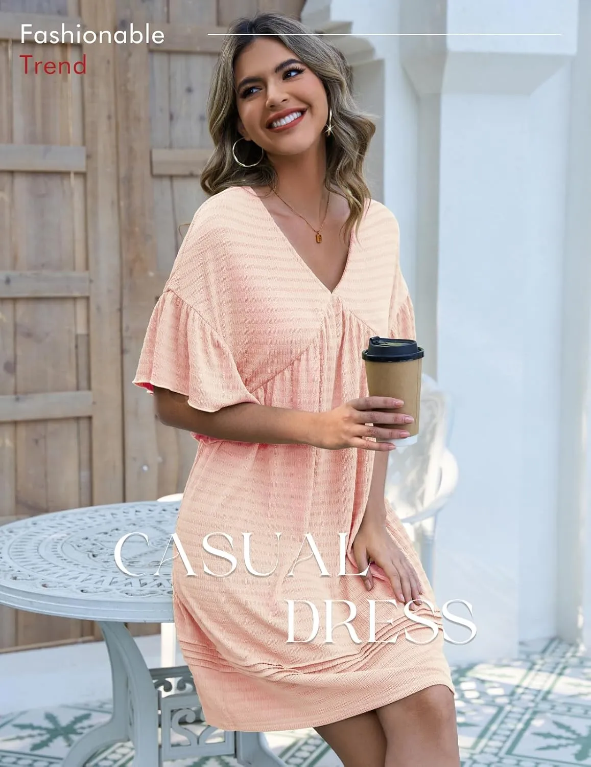 DRESSTELLS Womens Casual Dresses 2025 Spring Flowy Aline V Neck Ruffle T Shirt Summer Dress