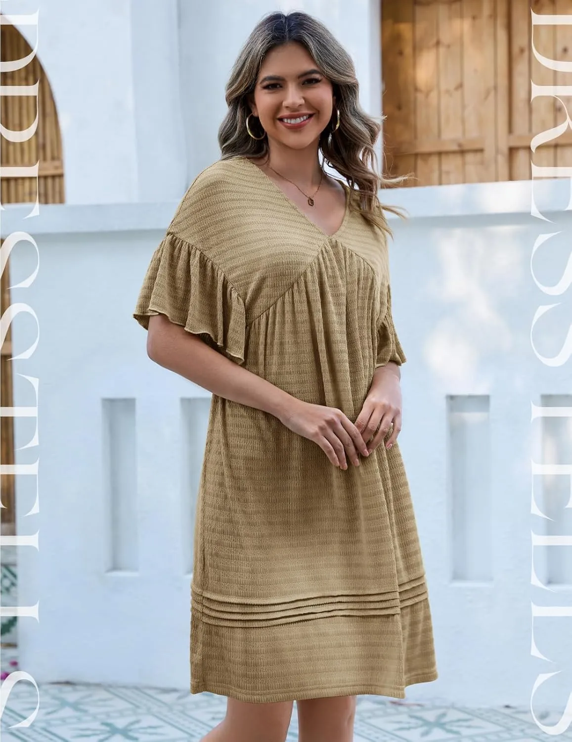 DRESSTELLS Womens Casual Dresses 2025 Spring Flowy Aline V Neck Ruffle T Shirt Summer Dress