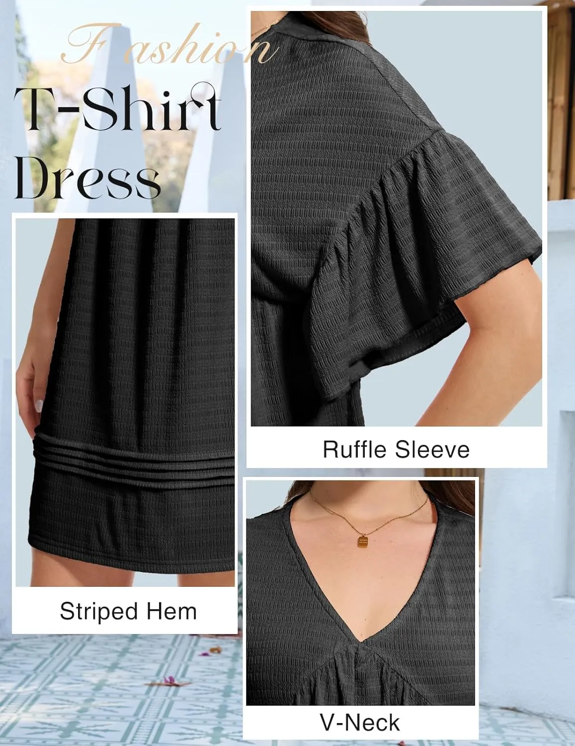 DRESSTELLS Womens Casual Dresses 2025 Spring Flowy Aline V Neck Ruffle T Shirt Summer Dress